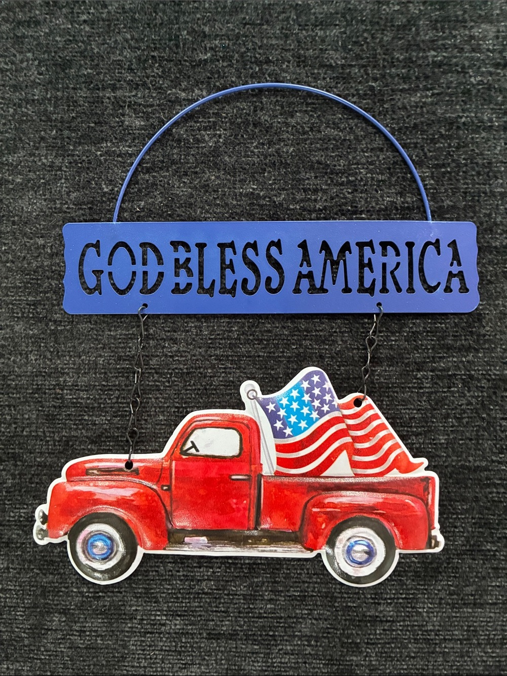 HP NWT- RED Patriotic Farmtruck- GOD BLESS AMERICA Metal Cut Out Decor Sign
